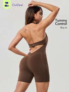 OutZeal 女士运动连体裤日常休闲速干收腹塑形文胸 - 棕色 - 查看 11
