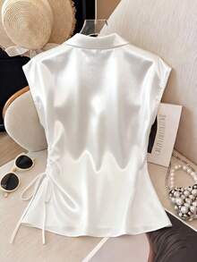 Franclia Elegant Small V Lapel Raglan Short Sleeves Side Waist Pleated Satin Spring And Summer White Women's Blouses Elegant Women's Blouses Satin Blouses Women's Outing Blouses Women's Party Blouses Women's Daily Blouses Women's Luxury Blouses Summer Holiday Wear Blouses Satin Shirt Office Blouse Satin Blouses For Women - Apricot - View 2