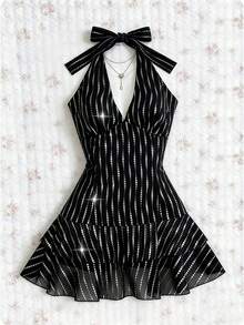 Elamini Women's Rhinestone Embellished Ruffle Hem Halter Neck Dress Black And Silver Dress Black And White Dress Women Black See Through Dress Halter Dress Women's Party Dress - Black - View 1