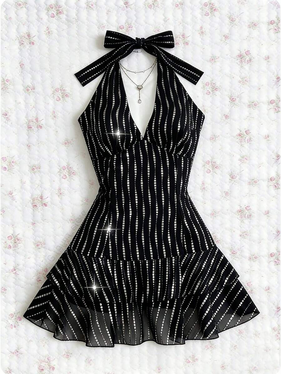 Elamini Women's Rhinestone Embellished Ruffle Hem Halter Neck Dress Black And Silver Dress Black And White Dress Women Black See Through Dress Halter Dress Women's Party Dress - Black - View 1