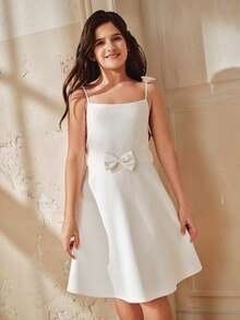 Anewsta Elegant Princess Style High Waist Pearl Bow Adjustable Strap Dress, Runway Collection For Big Girls, Spring/Summer - White - View 4