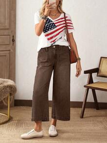 EMERY ROSE Plus Size Casual Vintage Washed Wide Leg Jeans - Coffee Brown - View 8