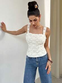 Firerie 女士新款优雅度假无袖上衣，白色/米色刺绣纹理背心，百搭纯色圆领无袖衬衫，适合海滩、假日出行 - 杏色 - 查看 8