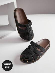 SHUZIA Zuecos de estilo romano vintage de ajuste ancho y tejidos para mujer - Negro - Ver 5