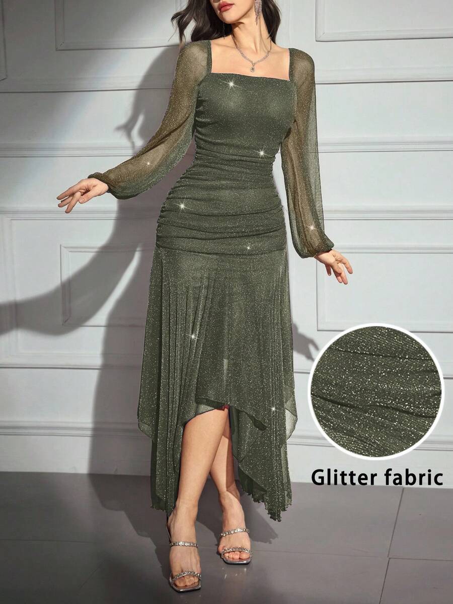Modelyn Damen elegantes Kleid mit asymmetrischem Saum und Glitzer - Armeegrün - Übersicht 1