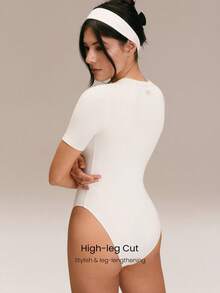 GLOWMODE Ribbed Pima Cotton Ready To Flow Ultra-Soft Breathable Lightweight Stretchy Snap Closure Non-Padded Short-Sleeve Crewneck Thong Bodysuit Yoga Pilates Studio Daily Casual Wear - White - View 2