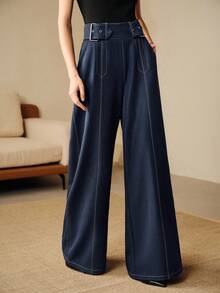 Anewsta 都市时尚休闲复古通勤学院风装饰高腰垂褶女裤 - 深色水洗藍 - 查看 3