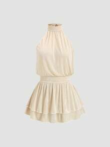 Sweetra Women's Apricot Halter Neck Dress, Spring/Summer - Apricot - View 3