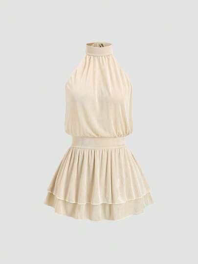 Sweetra Women's Apricot Halter Neck Dress, Spring/Summer