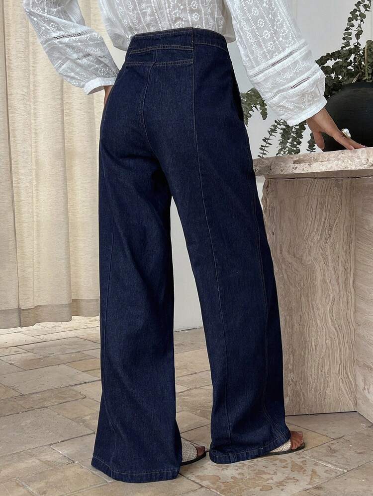 Women's Solid Color Metal Buckle Decor Casual Jeans