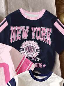 3 件套青少年女孩复古运动经典学院风白色、浅粉色、海军蓝休闲简约短袖圆领 T 恤，夏季、轻松舒适、秋季儿童分层穿着、时尚儿童、休闲装、儿童图案 T 恤、返校、秋季服装、返校节 - 彩色 - 查看 5