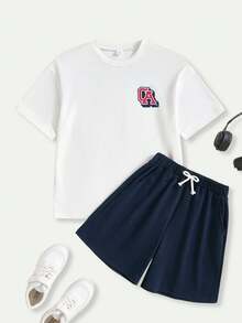SHEIN Casuvi Kids Boys Everyday White Short Sleeve T-Shirt And Bermuda Shorts Co-Ord Set With California Letter Print And Pockets - White - View 3