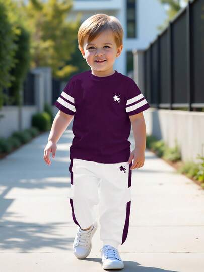 SHEIN Young Boy Casual Loose Comfortable Sports Style Round Neck Short Sleeve & Pants 2 Pieces Set, Autumn New Arrival