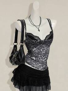 SHEIN ICON Women's Gray Leopard Print Sheer Camisole, Paired With Black Lace Spaghetti Strap 2 In 1 Camisole - Grey - View 6