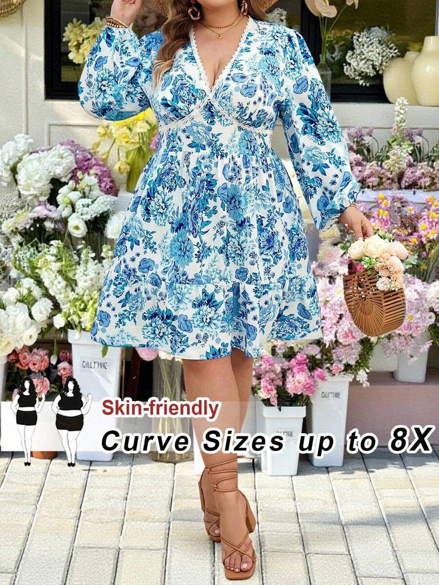 SHEIN CURVE+ Curve 尺码 US22 音乐节、海滨度假、波西米亚风 V 领印花梭织迷你连衣裙，适合春夏穿着，夏季服装，情人节、度假装、沙滩装、节日、浪漫优雅服饰、波西米亚风、甜美风、锐舞派对装、热带度假女装、狂欢节夏季宽松腰身碎花连衣裙 - 藍色 - 查看 1