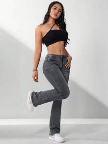 SHEIN PETITE Quần jeans ống loe cạp thấp dáng casual dành cho nữ, đã qua xử lý giặt. - Xám - Xem 5