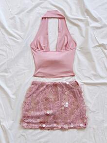 Soleia 2pcs Pink Sequin Vacation Set For Women - Baby Pink - View 2