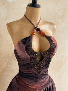 Soleia Đầm ngắn cổ chữ V đính sequin và ngọc trai gợi cảm kiểu vintage, thắt eo kiểu yếm, viền bèo nhún đôi, phong cách Bohemian, Boho, thích hợp cho kỳ nghỉ, trang phục mùa thu dành cho nữ, vintage, lễ hội. - màu nâu - Xem 4