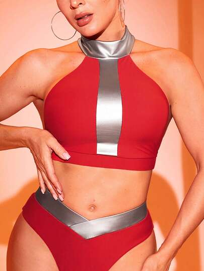 Menodora SHEIN Sport Top halter de color contrastante y espalda descubierta, adecuado para pole dance y actuaciones de baile