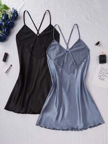 SilkySpell 双色纯色交叉带缎面女式睡袍 - 彩色 - 查看 2