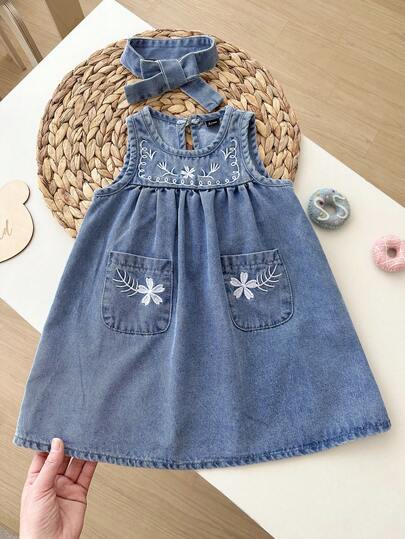 LMoss Kids Baby Girls' Floral Embroidered Blue Denim Sleeveless Loose Dress With Headband