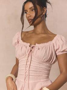 MUSERA Blusa con detalle de volantes, cuello de escote barco, mangas con pétalos y encaje, ideal para primavera y vacaciones, estilo dulce y femenino - Rosa - Ver 2