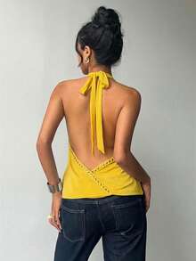 Aloruh Áo hở lưng cổ chữ V khoét sâu gợi cảm đính đinh tán, thích hợp cho mùa hè. - Màu vàng - Xem 5