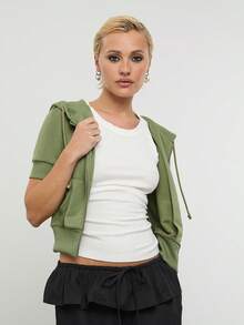 COUREZ Áo Hoodie Tay Ngắn Có Khóa Kéo / Phong Cách Thời Trang Xuân 2000 cho Nữ - Áo Hoodie Xanh Lá Cây - Trang Phục Nghỉ Xuân - Trang Phục Thường Ngày - Trang Phục Đi Chơi - Trang Phục Mùa Hè - màu xanh lá - Xem 5