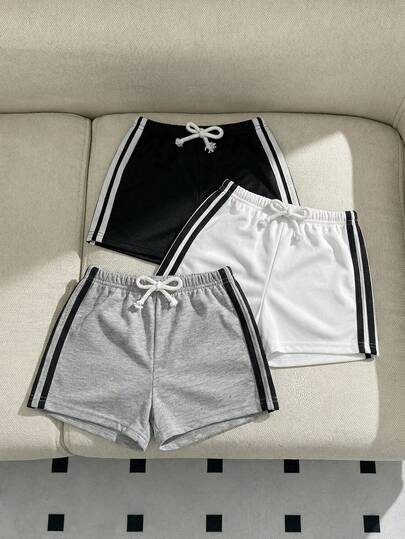 SHEIN 3pcs Baby Boy/Girl Elastic Waist Decorative Ribbon Sports Shorts Set