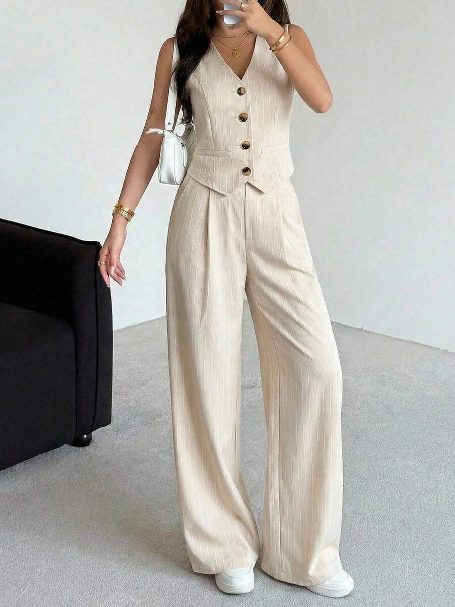 少女休闲条纹无袖上衣短裤两件套，返校季，夏季 - 卡其色 - 查看 1