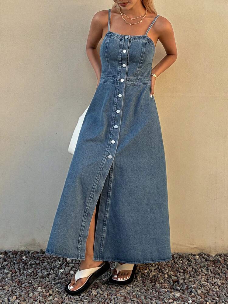 Women's Sleeveless Waist Gathered A-Line Slit Hem Denim Vacation Dress, Spring & Summer