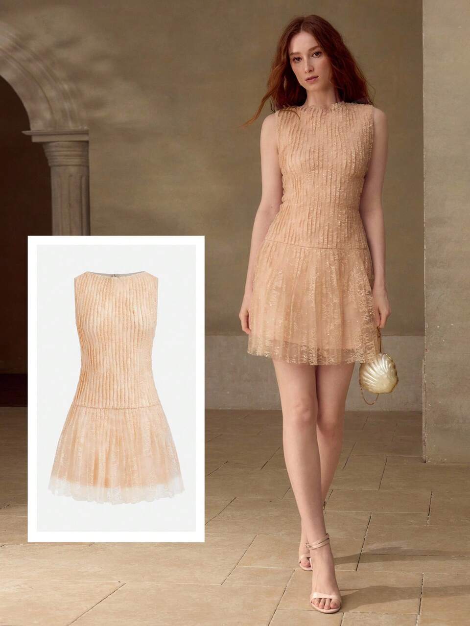LACE SLEEVELESS PLEATED DRESS, SPRING/SUMMER