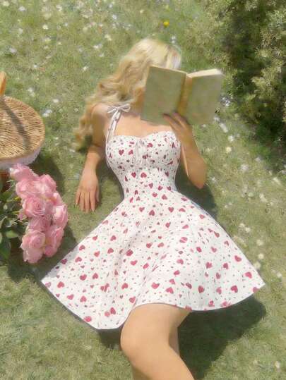 SHEIN MOD Heart Print Tie Bow Waist-Defined Lace-Trim Short Dress – Festive Wear, Princess Style, Formal Gown, Party Dress; Perfect For Vacation, Date, Picnic, Party, Prom, Festival, And Birthday; Romantic Vintage Court Style