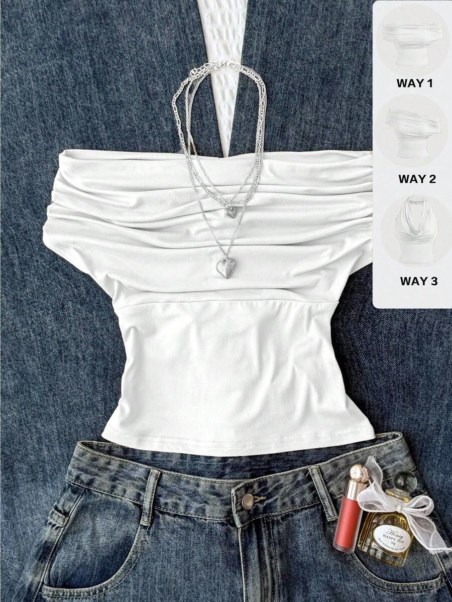 SHEIN 这款少女百搭纯白色修身露脐上衣，适合夏季休闲穿着，高领露肩设计，优雅大方，适合节日、乡村、海滩度假、下午茶等各种场合，尽显端庄气质，也可作为舞蹈服或可爱上衣穿着。 - 白色 - 查看 1