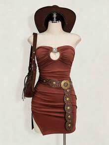 INAWLY Women's Western Style Ruched Hollow-Out Cropped Camisole Dress - Mocha Brown - View 1
