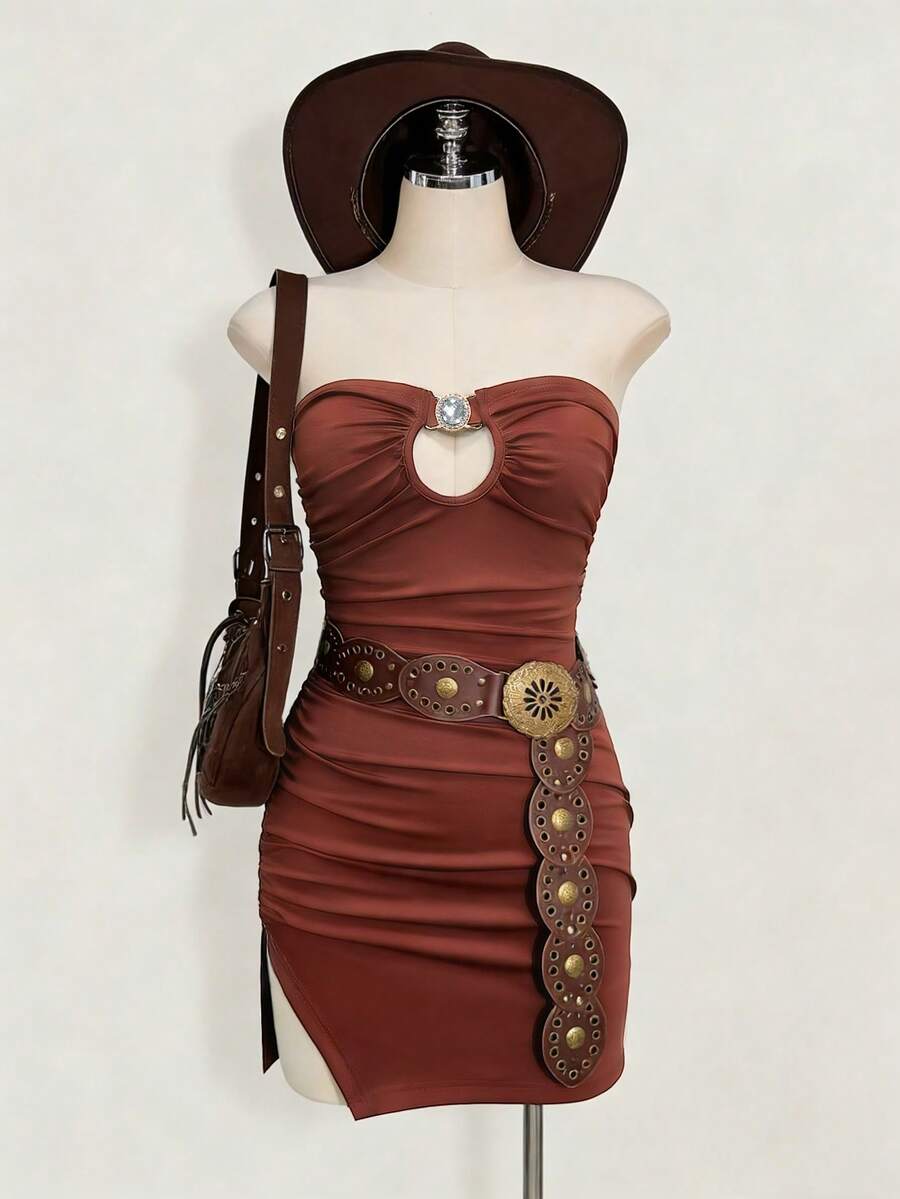 INAWLY Women's Western Style Ruched Hollow-Out Cropped Camisole Dress - Mocha Brown - View 1