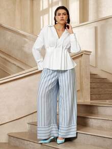VOLUPTÉ CURVE Plus Size Women's Autumn/Winter White Top V-Neck Lapel Long Sleeve Waisted, Elegant Casual Vacation Business Office - White - View 8