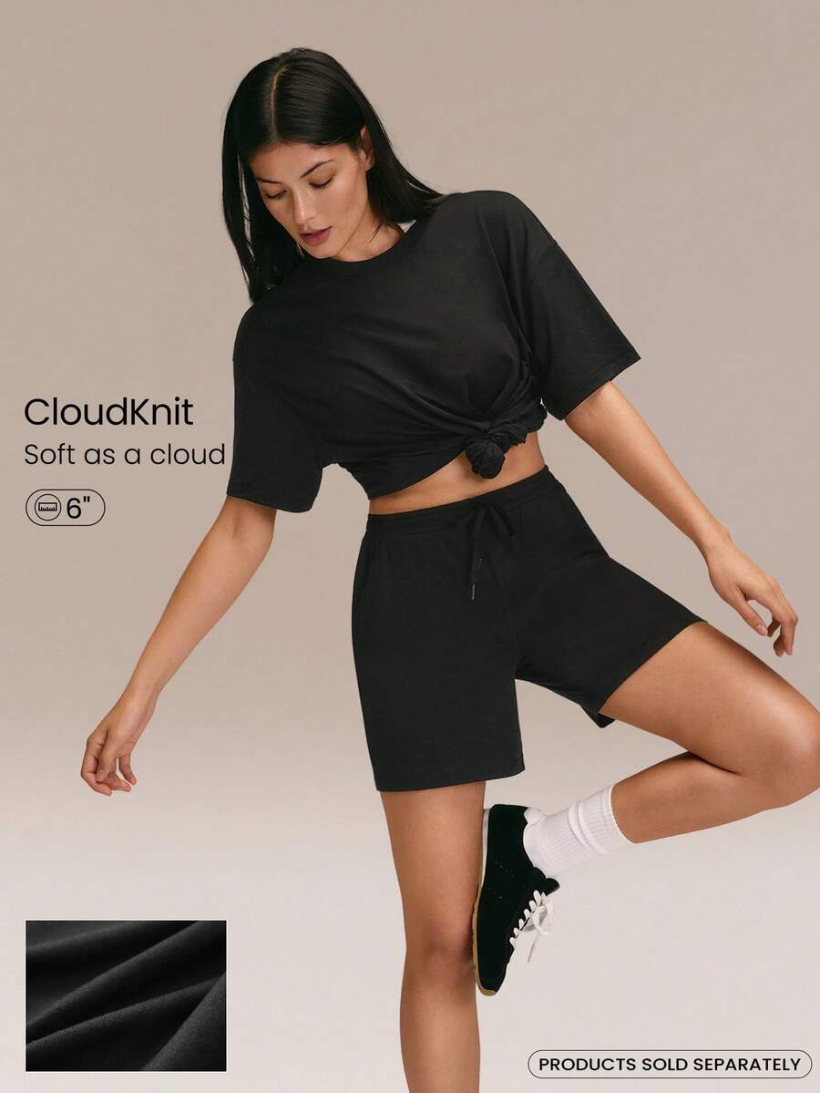 GLOWMODE 6英寸 CloudKnit Float On 超柔软弹力轻盈可调节抽绳松紧腰中腰侧袋短裤，日常休闲穿着 - 黑色 - 查看 1