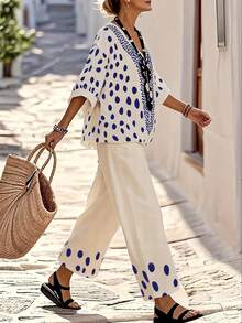 Balvessa Polka Dot Print V-Neck Blouse And Wide Leg Loose Straight Pants Two Pieces Set, Casual Vacation Outfit For Women - Multicolor - View 3
