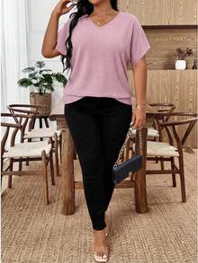 EMERY ROSE 大码女式V领露背蝙蝠袖休闲T恤外出蝴蝶结夏季女式优雅露背纹理面料后背蝴蝶结经典女式T恤 - 粉色 - 查看 3