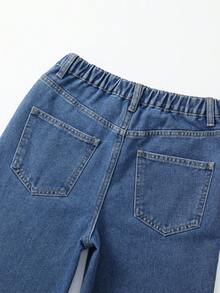 SHEIN Explorewe Tween Girls Fashion Cross Shaped Rhinestone Decor Wide Leg Jeans, High Waist Front Button Multiple Pockets Minimalist Mid-Rise Wide Leg Jeans, Casual Daily Wear - Dark Wash - View 5