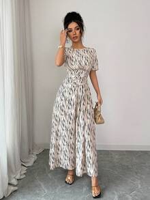 Elenzga Women's Fashionable Full Print Dress For Summer - Apricot - View 1