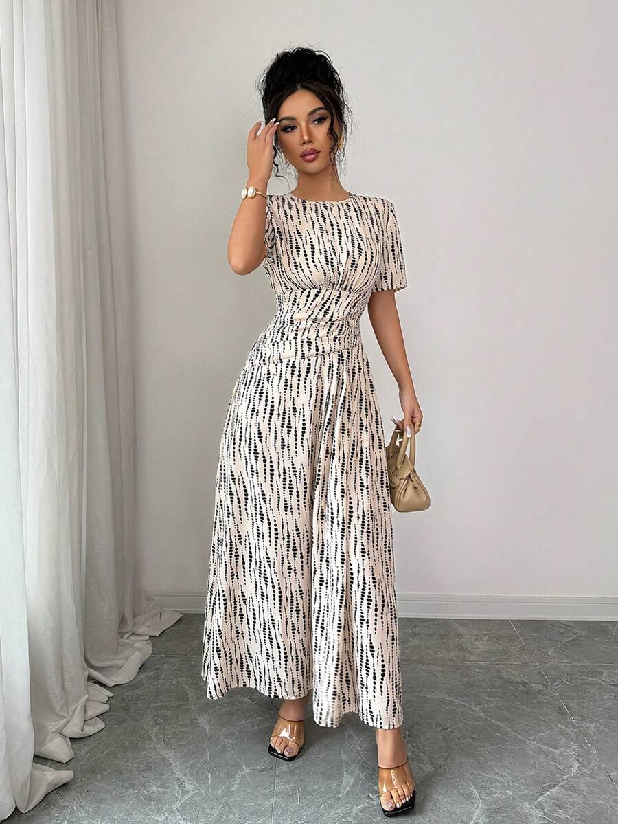 Elenzga Women's Fashionable Full Print Dress For Summer - Apricot - View 1