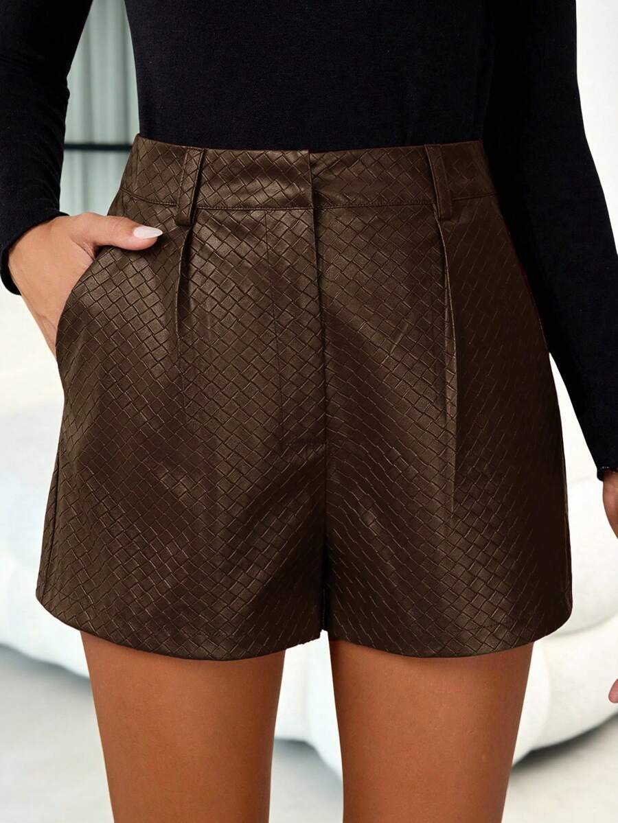 SHEIN Clasi Women Textured Leather Pocket Loose Casual Shorts - Coffee Brown - View 1