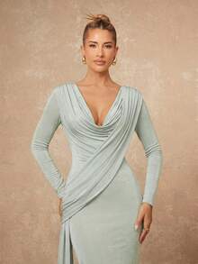 Lumalex 女士优雅垂褶领口修身鱼尾裙摆连衣裙 - 綠色 - 查看 2