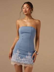 COSMINA Women's Light Blue Denim Sleeveless Lace Patchwork Mini Skirt Casual Elegant Denim Dress - Baby Blue - View 1