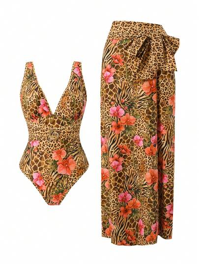 Swim Oasis 女士两件套豹纹花卉印花泳衣，配金属装饰和裹身裙，优雅沙滩装