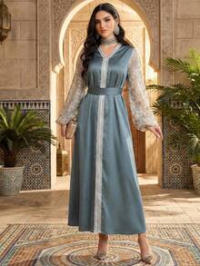 Al Najma Women's Floral Patchwork Mesh Lantern Sleeve V-Neck Elegant Arabic Dress - Multicolor - View 9