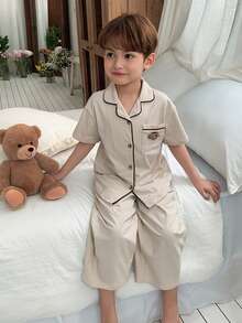 DAZY Young Boy Single-Breasted Patch Short Sleeve Top And Pants Casual Loungewear Pajama Set - Apricot - View 1