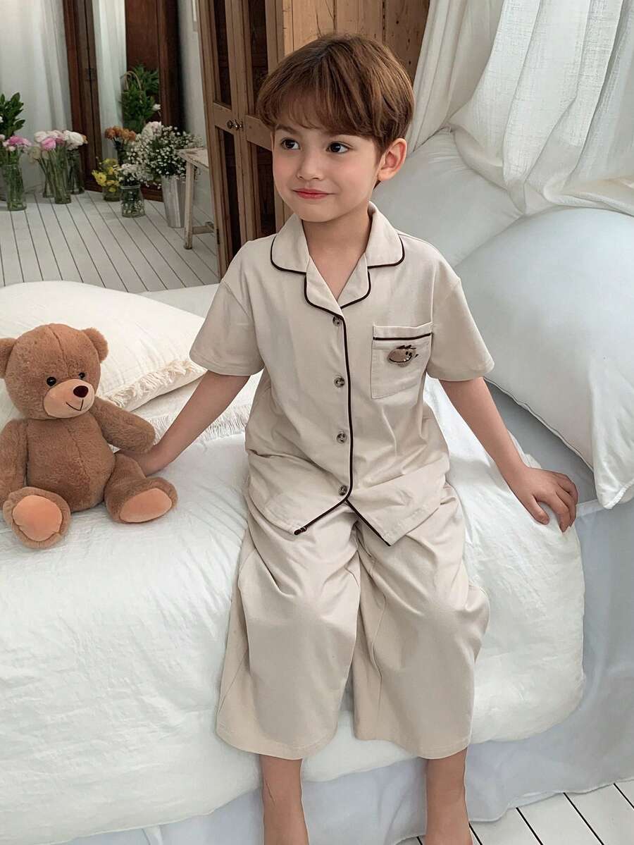 DAZY Young Boy Single-Breasted Patch Short Sleeve Top And Pants Casual Loungewear Pajama Set - Apricot - View 1